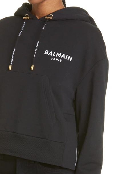 Shop Balmain Flocked Logo Cotton Crop Hoodie In Eab Noir/ Blanc