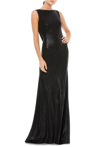 Shop Mac Duggal Ieena For  Metallic Bateau Neck Column Gown In Black