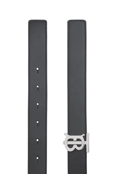 Shop Burberry Tb Monogram Buckle Reversible Leather Belt In Black / Tan / Silver