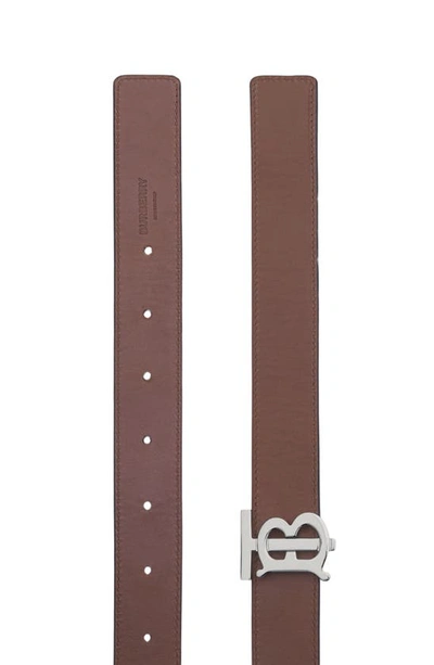 Shop Burberry Tb Monogram Buckle Reversible Leather Belt In Black / Tan / Silver