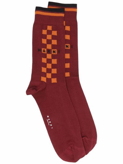 Shop Marni Logo-print Checked Socks In Red