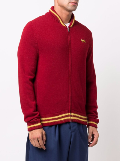 Shop Marni Logo-embroidered Knitted Cardigan In Red