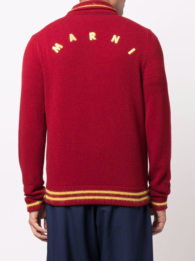 Shop Marni Logo-embroidered Knitted Cardigan In Red