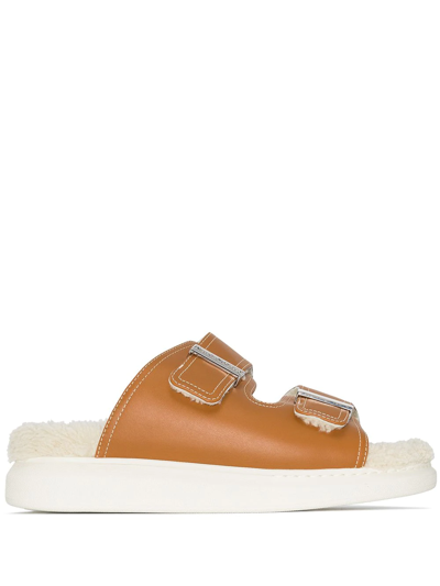 Shop Alexander Mcqueen Leather Shearling Sandals In Brown