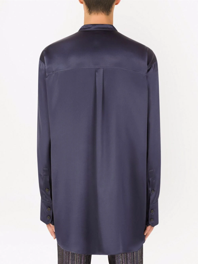 Shop Dolce & Gabbana Long-sleeve Silk Longline Shirt In Blue