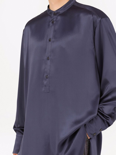 Shop Dolce & Gabbana Long-sleeve Silk Longline Shirt In Blue