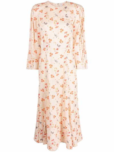 Shop Ulyana Sergeenko Floral-print Silk Midi Dress In Neutrals