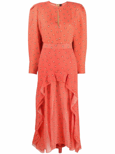 Shop Ulyana Sergeenko Graphic-print Ruffled Silk Dress In Red