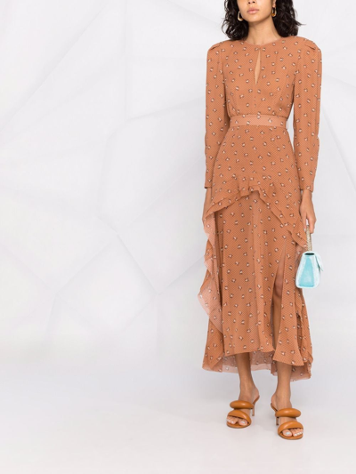 Shop Ulyana Sergeenko Graphic-print Silk Ruffled Dress In Brown