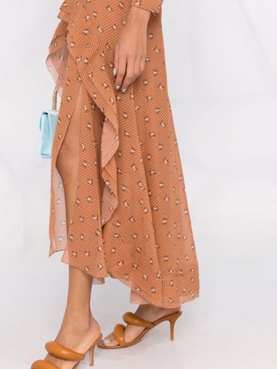 Ulyana Sergeenko Graphic-print Silk Ruffled Dress In Brown