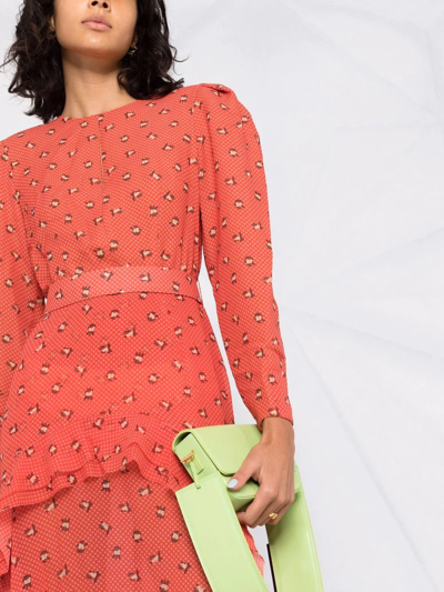 Shop Ulyana Sergeenko Graphic-print Ruffled Silk Dress In Red