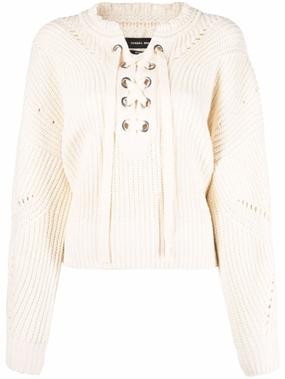 Shop Isabel Marant Lace-up Ribbed-knit Jumper In Neutrals