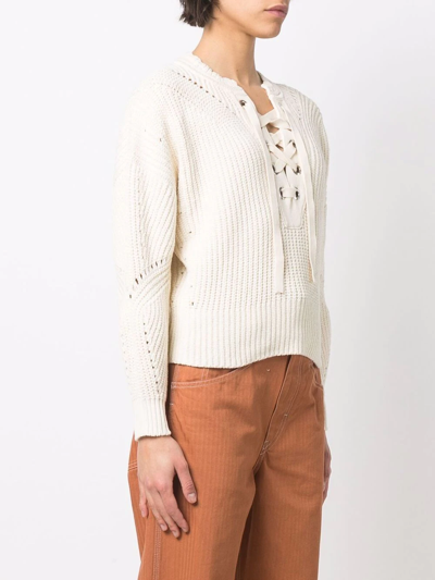 Shop Isabel Marant Lace-up Ribbed-knit Jumper In Neutrals