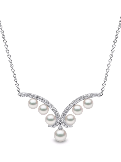 Shop Yoko London 18kt White Gold Sleek Akoya Pearl Diamond Necklace In Silver
