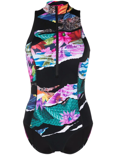 Shop Y-3 Panelled Floral-print Swimsuit In Black