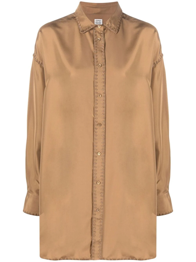 Shop Totême Embroidered-edge Silk Shirt In Brown