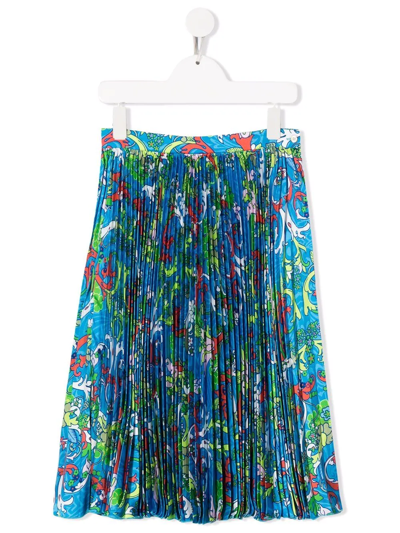 Shop Versace Floral Pleated Skirt In Blue