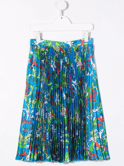 Shop Versace Floral Pleated Skirt In Blue