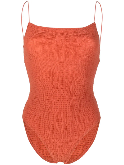 Shop Totême Smocked Square-neck Swimsuit In Orange