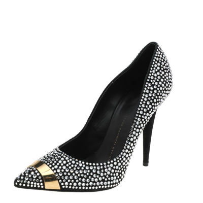 Pre-owned Giuseppe Zanotti Black Crystal Embellished Suede Ester Pointed Toe Pumps Size 38