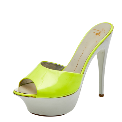 Pre-owned Giuseppe Zanotti Neon Yellow Patent Leather Platform Sandals Size 35