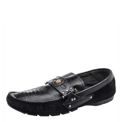 Pre-owned Versace Black Suede And Crocodile Leather Medusa Slip On Loafers Size 44