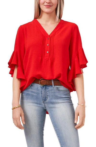 Shop Vince Camuto Flutter Sleeve Henley Blouse In Red Hot