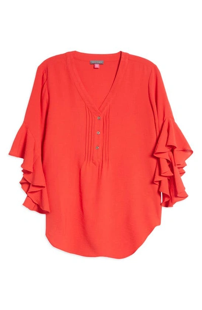 Shop Vince Camuto Flutter Sleeve Henley Blouse In Red Hot