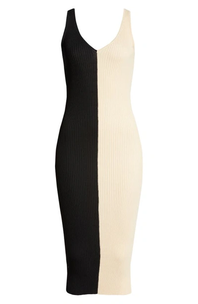 Shop Staud Dana Colorblock Ribbed Body-con Midi Dress In Buff/ Black
