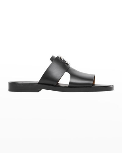 Shop Burberry Men's Leather Tb-logo Slide-on Sandals In Black