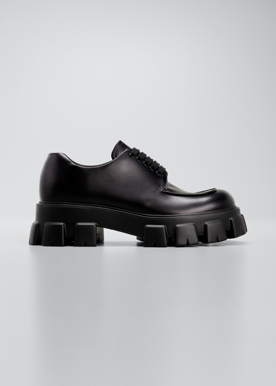 Shop Prada Men's Monolith Lug-sole Leather Derby Shoes In Nero