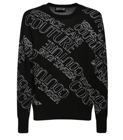 Shop Versace Jeans Couture Black Crewneck Jumper With Logo In Nero