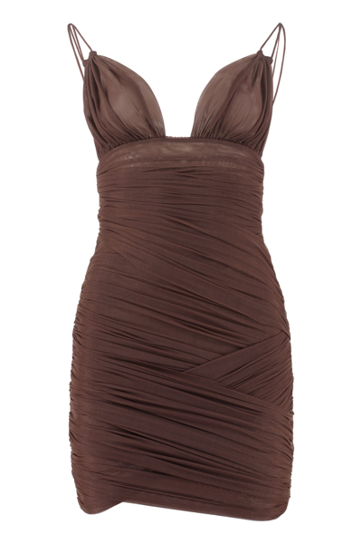 Shop Dolce & Gabbana Tulle Draped Dress In Brown