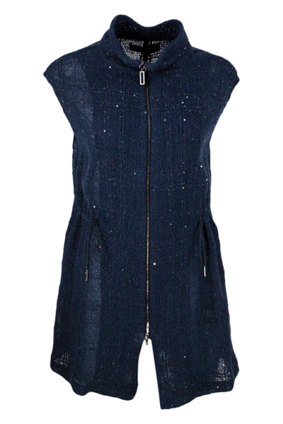 Shop Fabiana Filippi Waistcoat In Linen Blend, Medium Length With Zip Closure In Blu