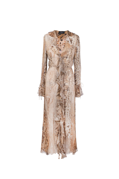 Shop Blumarine Long Dress In Printed Silk In Marrone