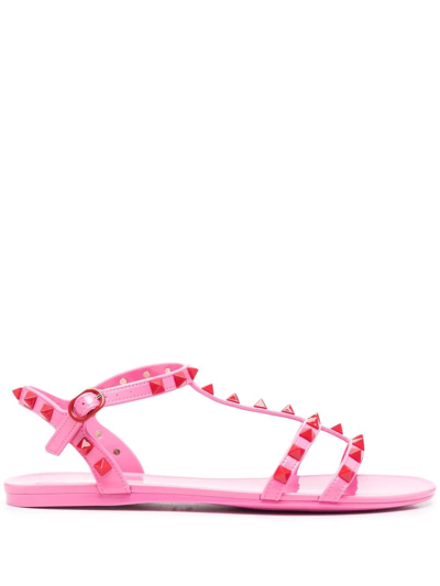 Shop Valentino Rockstud Cage Flat Sandals In Pink