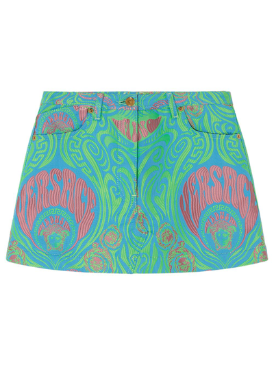 Shop Versace Medusa Music Denim Skirt In Multicolor