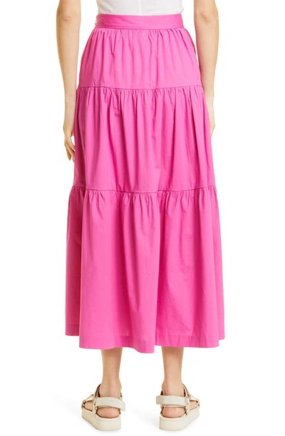 Shop Staud Tiered Stretch Cotton Maxi Skirt In Peony