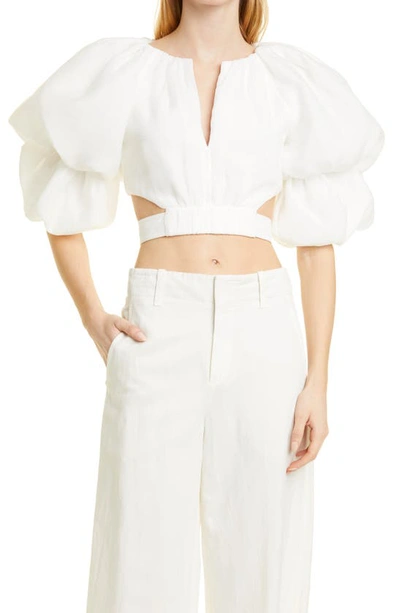 Shop Aje Impression Puff Sleeve Cutout Crop Top In Ivory