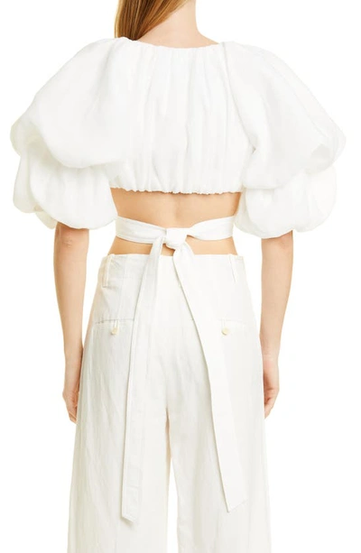 Shop Aje Impression Puff Sleeve Cutout Crop Top In Ivory