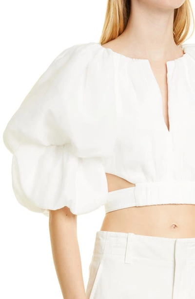 Shop Aje Impression Puff Sleeve Cutout Crop Top In Ivory