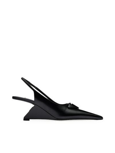 Shop Prada Brushed Leather Slingback Pumps In Black