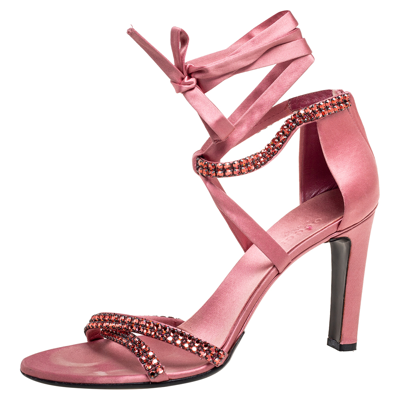 Pre-owned Gucci Pink Satin Crystal Embellished Ankle Wrap Sandals Size 38.5