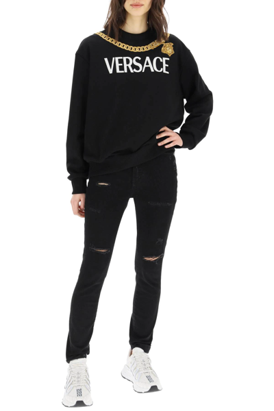 Shop Versace Medusa Chain Logo Sweatshirt In Black,white,gold