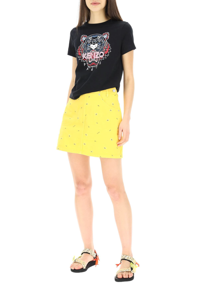 Shop Kenzo Bandana Denim Mini Skirt In Yellow,black