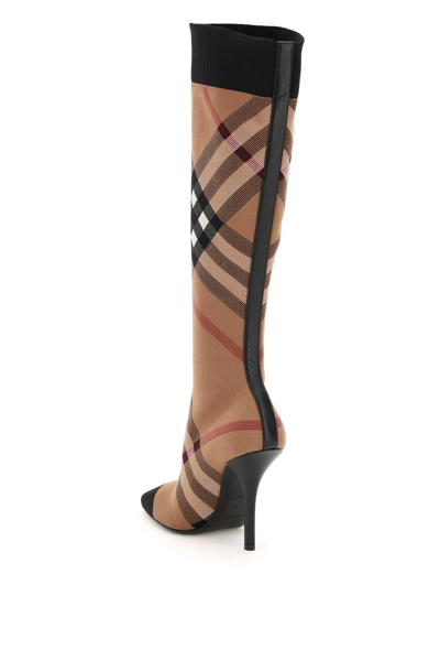 Shop Burberry Check Knitted Boots In Brown,black