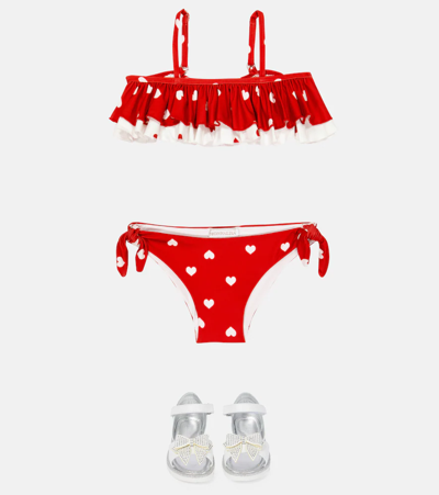 Shop Monnalisa Printed Ruffled Bikini In Rosso/panna