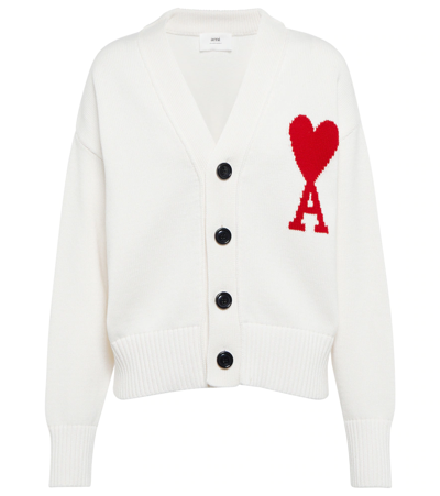 Shop Ami Alexandre Mattiussi Ami De Coeur Cotton-blend Cardigan In White Red