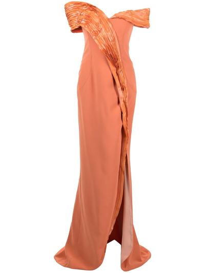 Shop Gaby Charbachy Pleated-trim Off-shoulder Gown In Orange