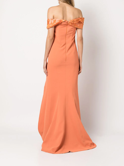 Shop Gaby Charbachy Pleated-trim Off-shoulder Gown In Orange